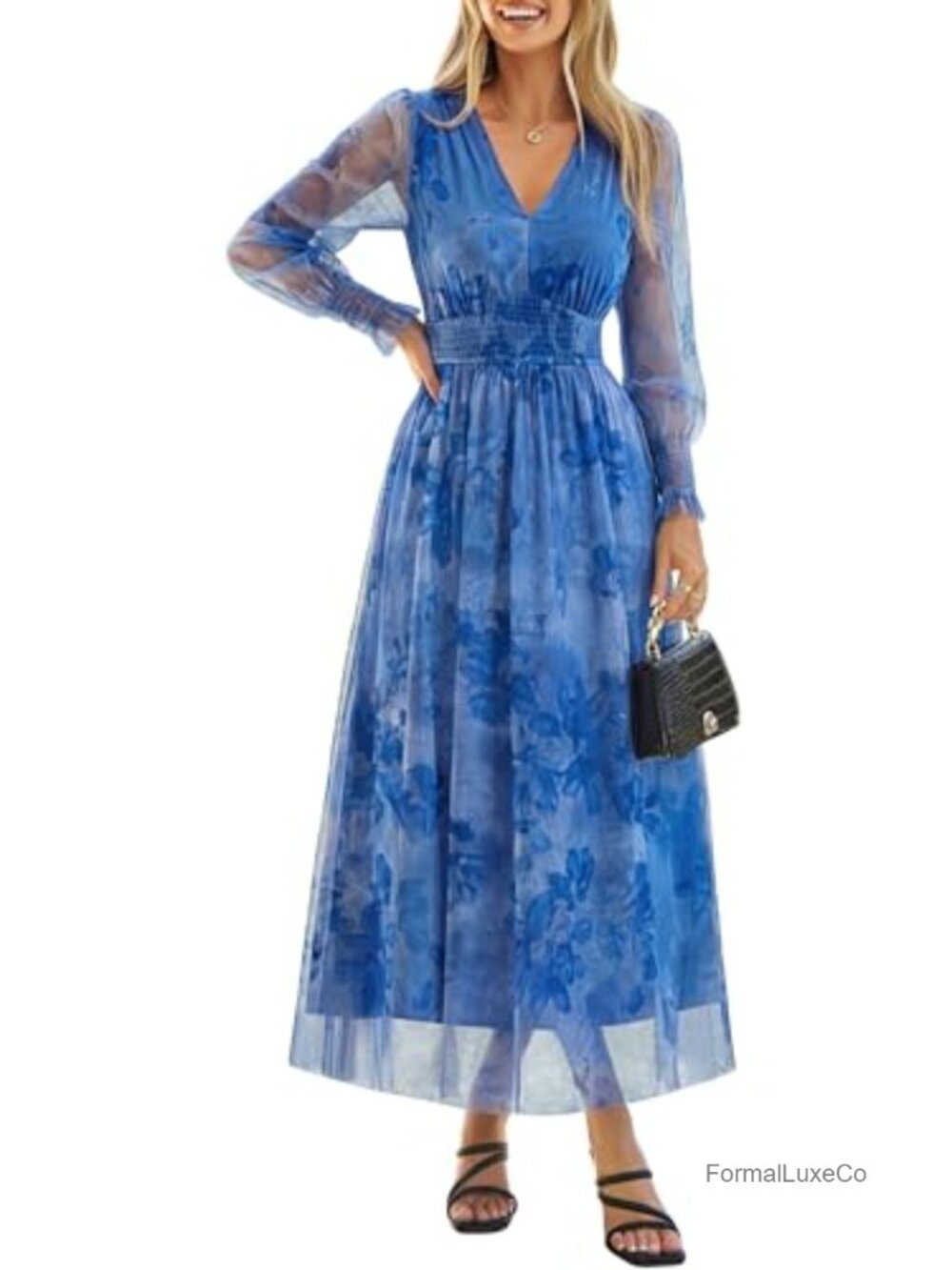 Simplee Floral Tulle Long Sleeve Maxi Dress V-Neck Smocked Empire Waist